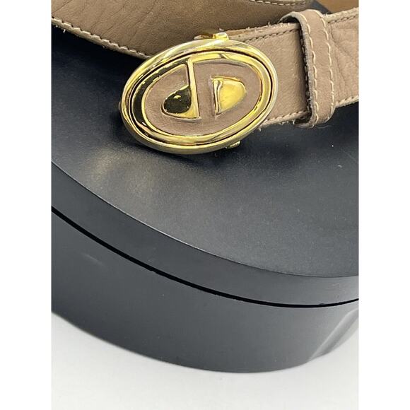 Christian Dior Tan Leather Belt Gold Tone Enamel Logo Buckle Sz Sm 30” - Picture 7 of 16